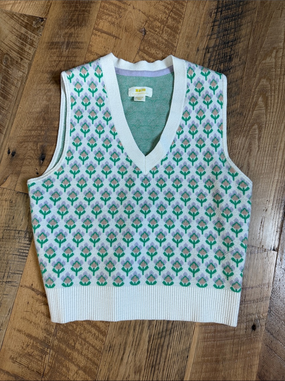Maeve Cream V-Neck Floral Knit Sweater Vest with Green and Purple Motif